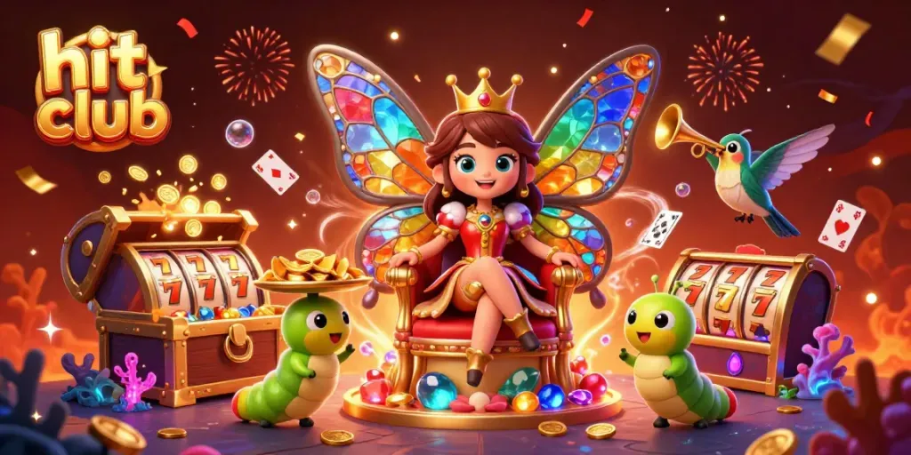 Hit club showcases an enchanting scene with a butterfly queen and slots surrounded by vibrant casino elements.