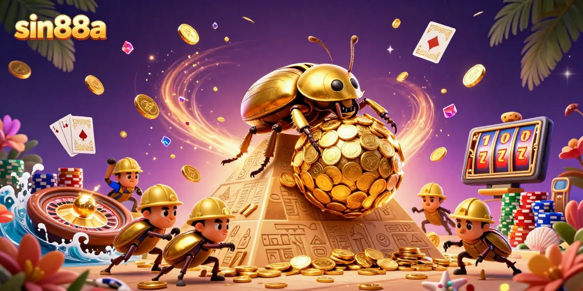 Join the sin88a adventure as golden beetles roll coins amidst vibrant casino treasures.