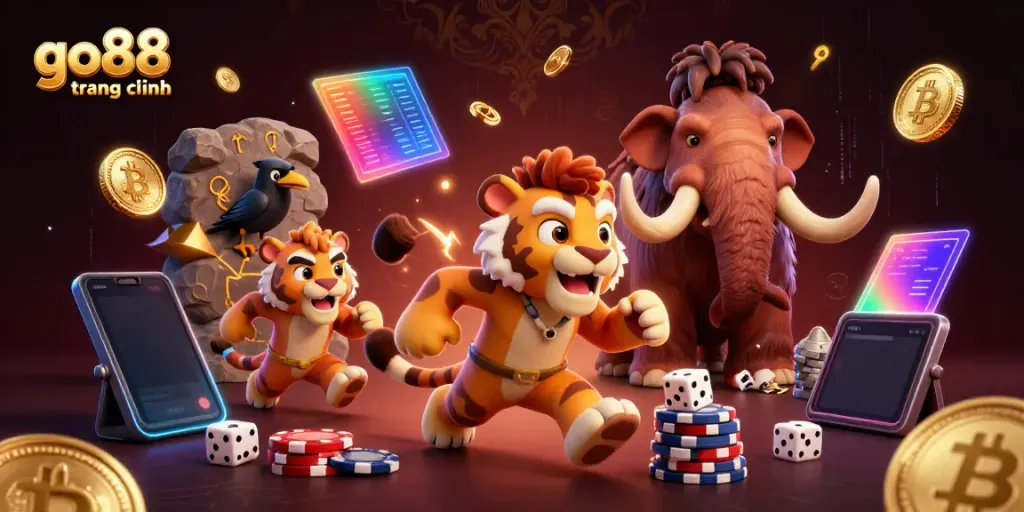 Experience the thrill of go88 trang chính in a vibrant 3D casino scene with prehistoric characters and dynamic elements.