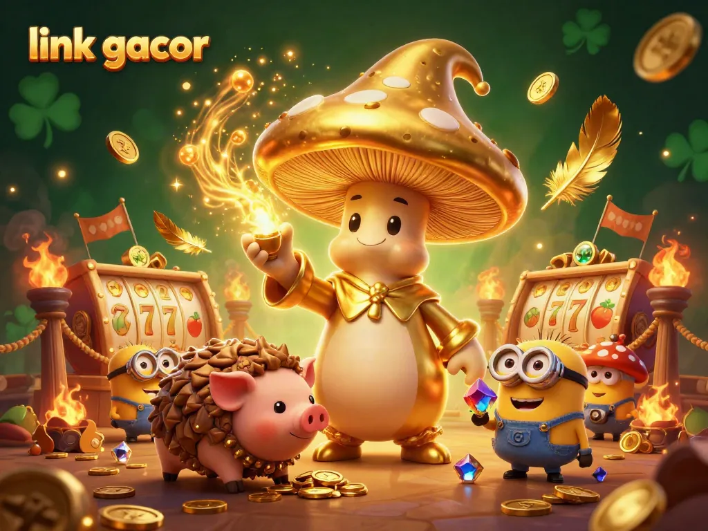 Win big with "link gacor" in a magical casino scene featuring golden elements, slot reels, and enchanting characters.