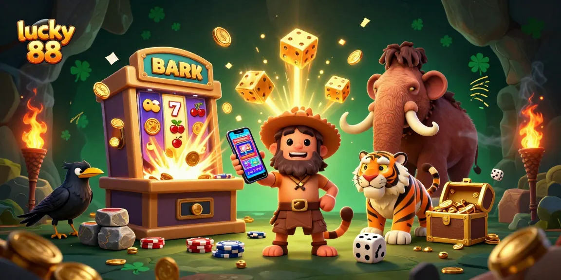 Engage in the lucky 88 slot experience, where cavemen and a sabertooth tiger celebrate in a vibrant casino.