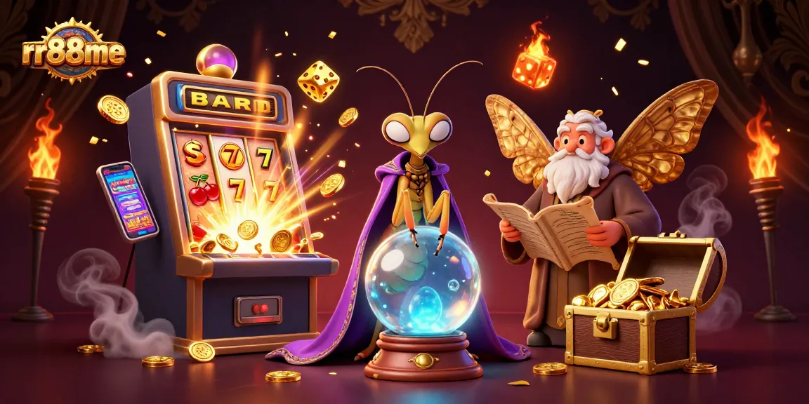 Experience thrilling gameplay at rr88me with a vibrant 3D illustration of casino elements and characters.