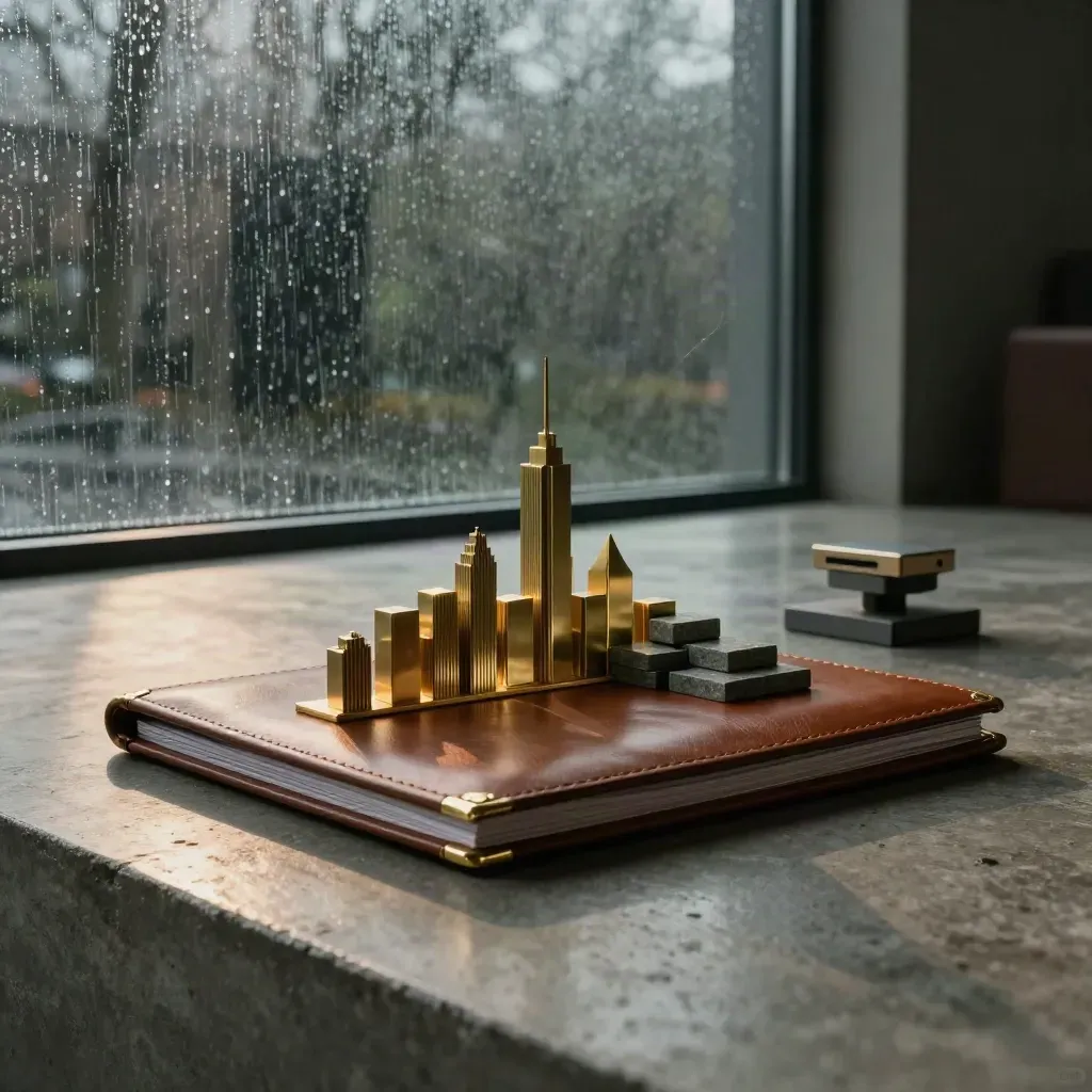 Leeg premium adviesinterieur met pitchfolio, brass skyline, prototype en dramatisch licht.