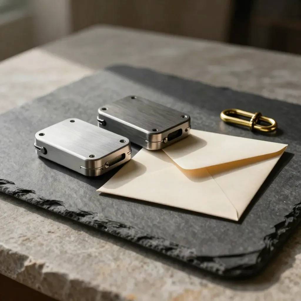 Cluster van prototype, sample, envelop en messing brug op leisteen met zacht goud licht.