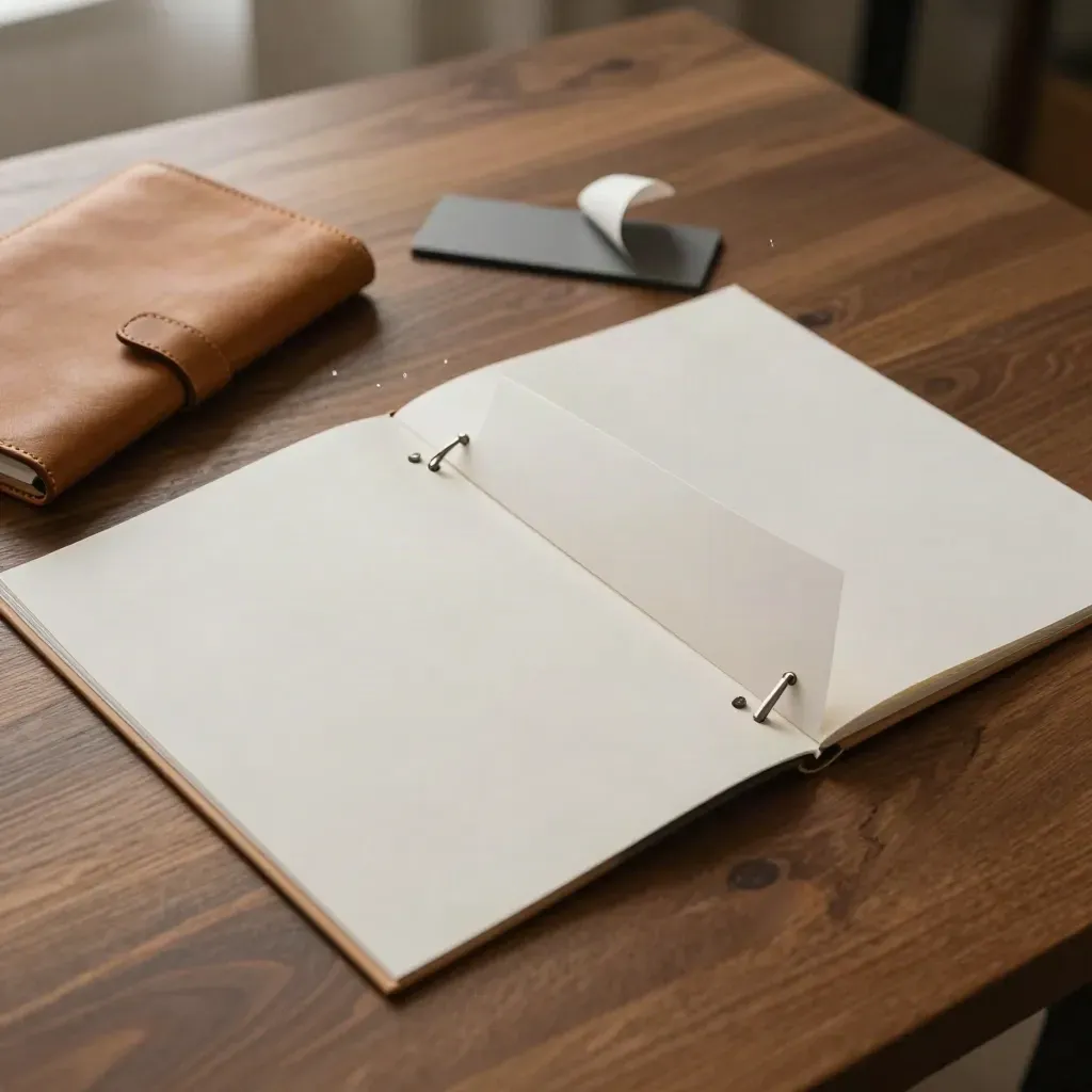 Bovenaanzicht van een luxe pitchdeckset met mappen, tabbladen en portfolio op walnotenhout.