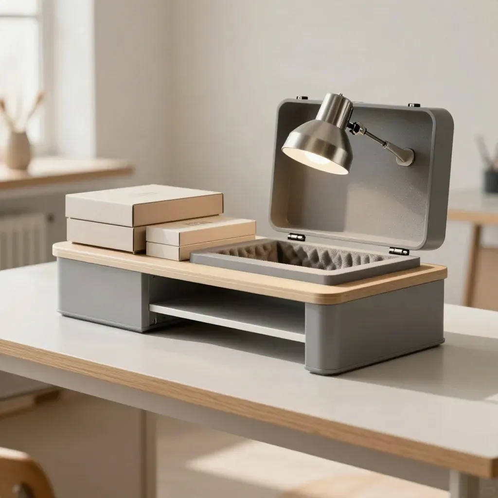 Prototypewerkbank met verzenddozen, schuim inlays en gesloten samplekoffer in warm atelierlicht