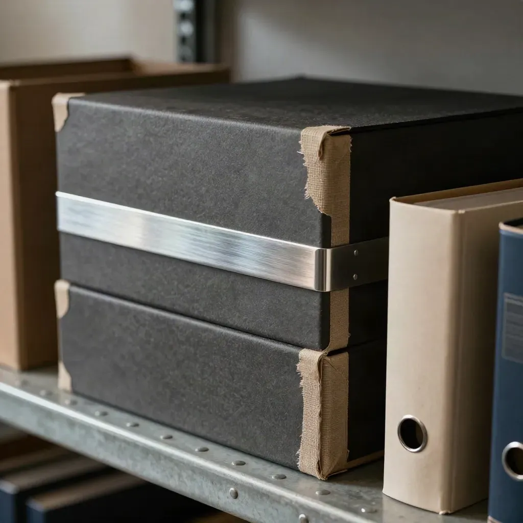 Donkere archiefdozen met stalen sluitstrip op een industriële plank in zacht daglicht.