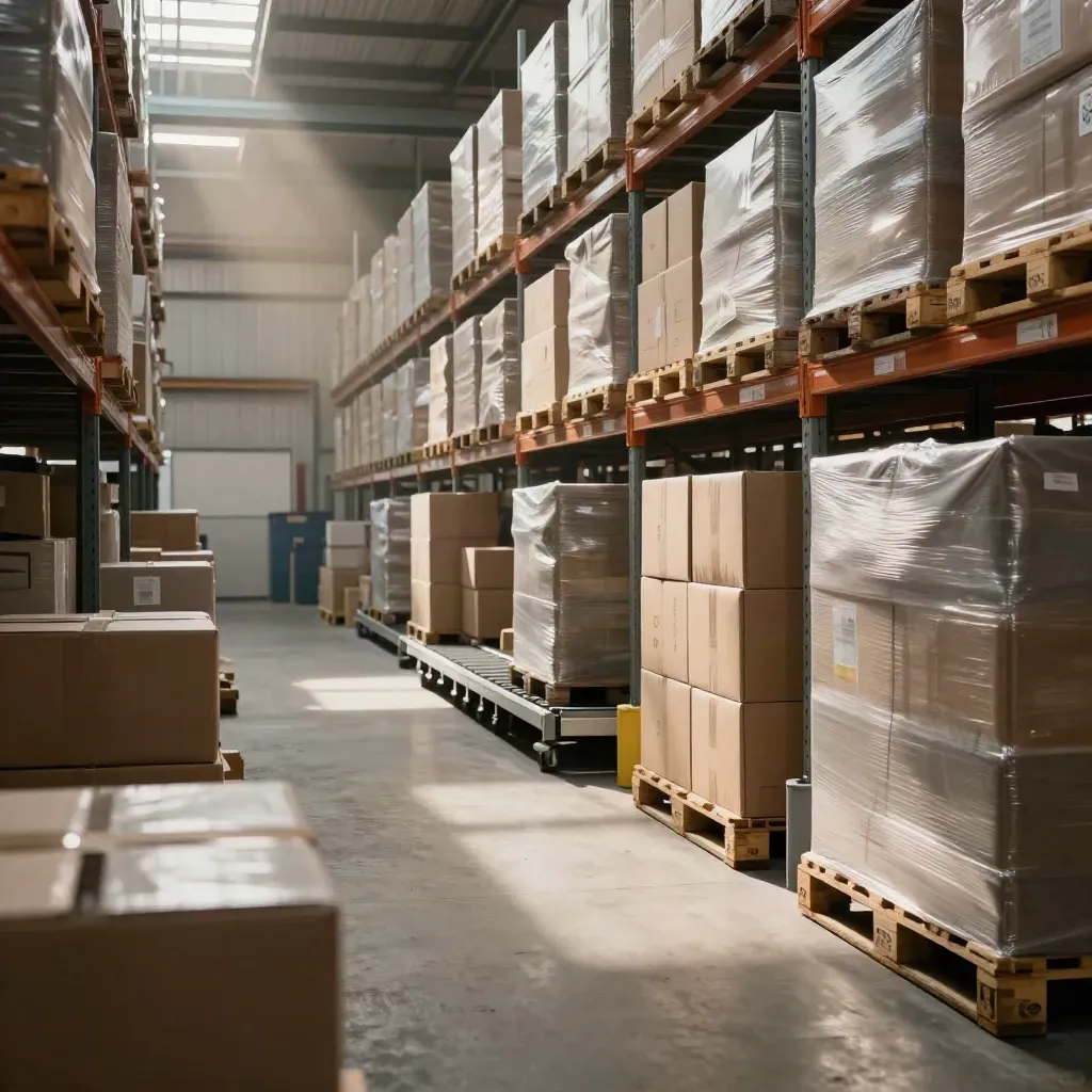 Volle fulfilmenthal met pallets, stellingen en lopende transportlijn in warm middaglicht.