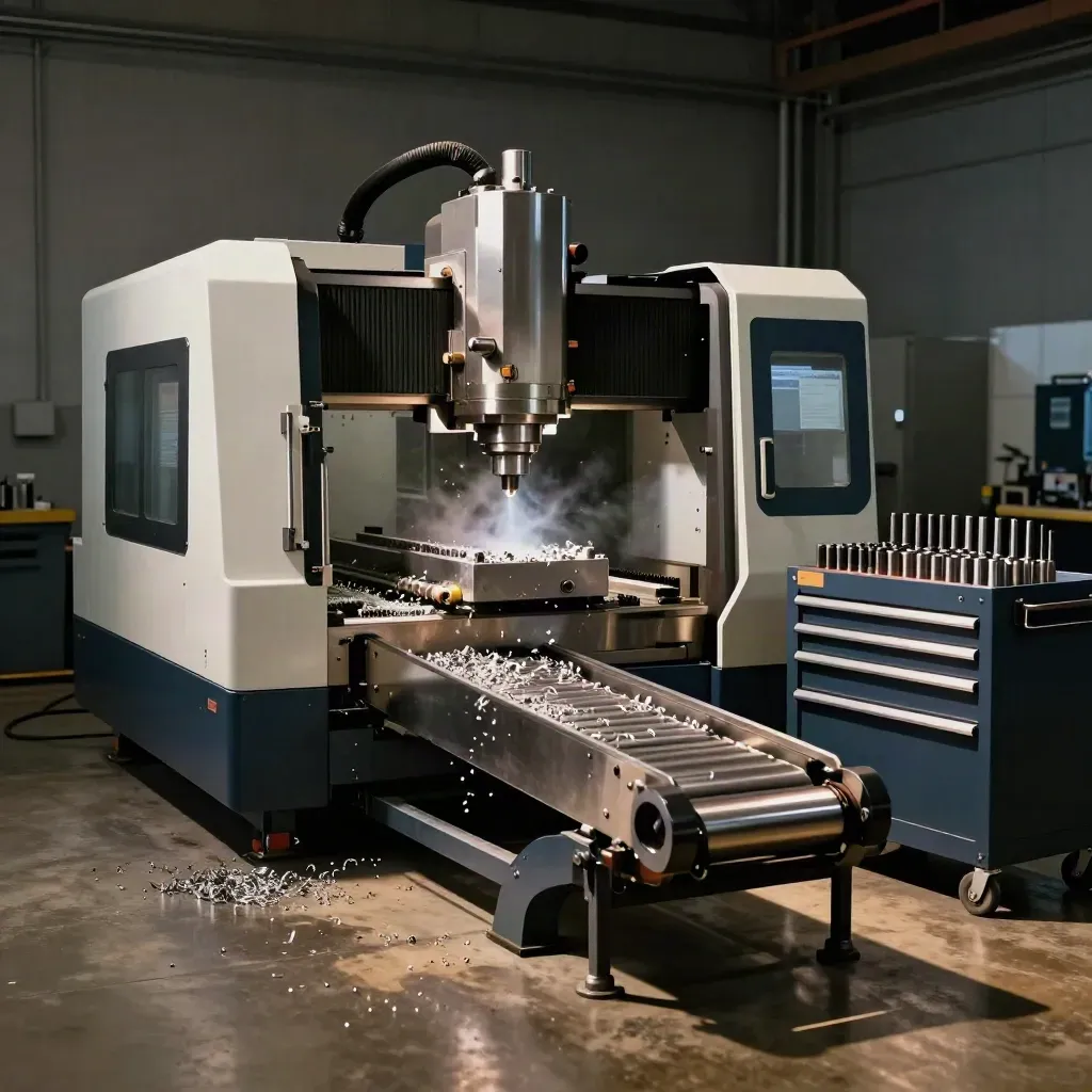 Glanzende CNC-machinehal met koelvloeistofnevel, spanen en een nette gereedschapskar.