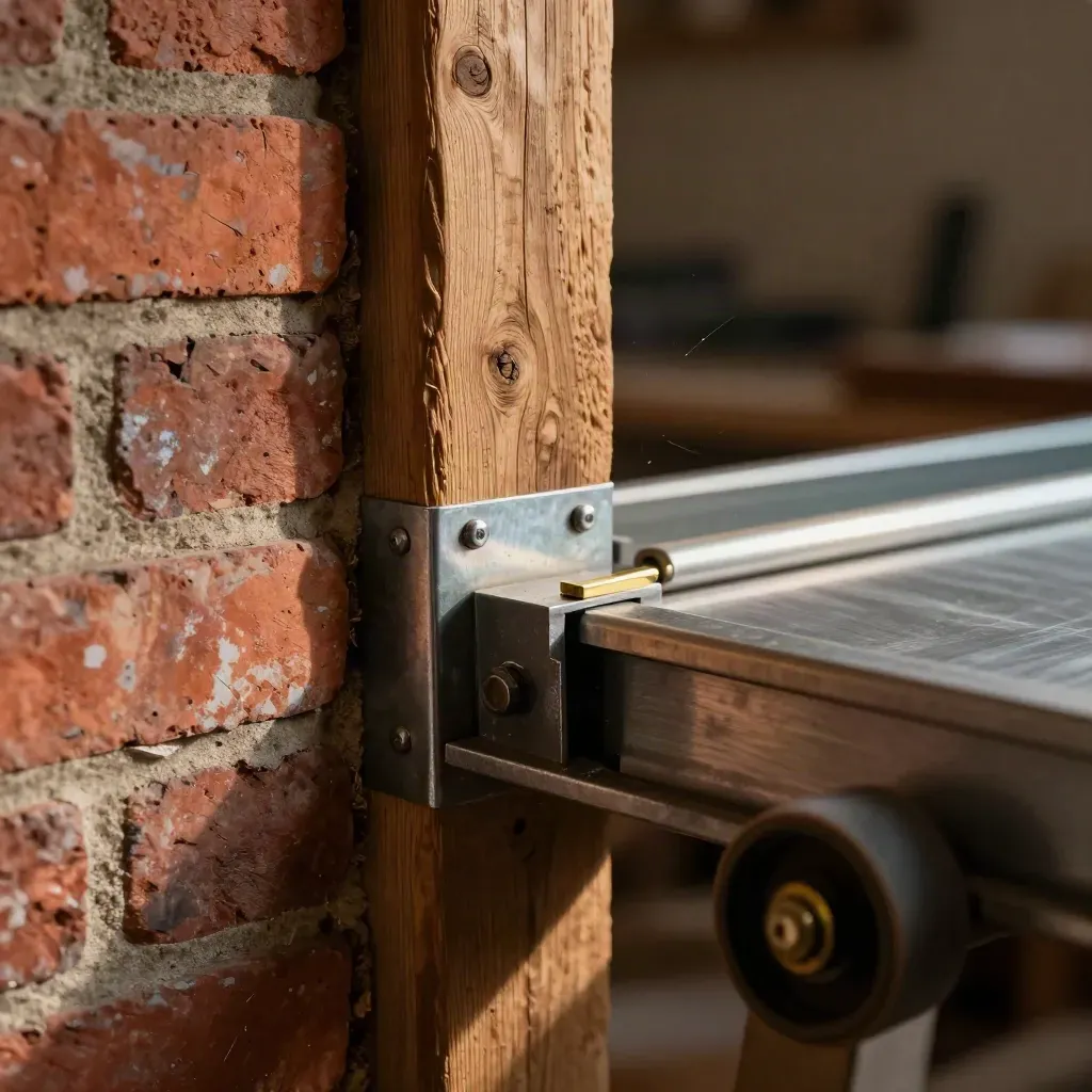 Macro van oude baksteen, houten balk en nieuwe stellingen in een gerestaureerde werkplaats