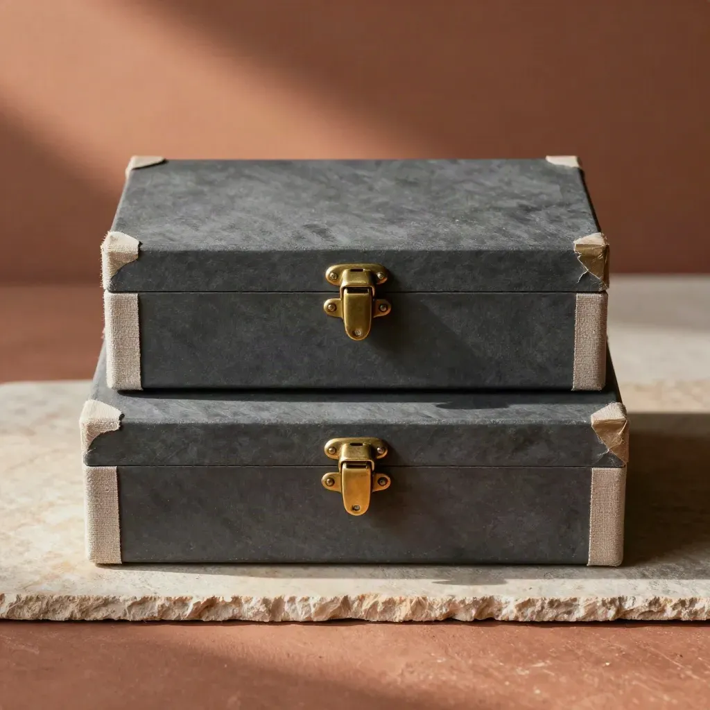Archiefdozen, messing clip en donkere stenen volumes op terracotta plaat voor een M&amp;A-stilleven.