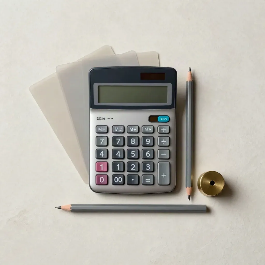 Van boven: calculator, transparante kaarten, potloden en messing gewicht op lichte pleister.