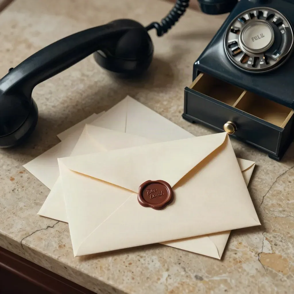 Verzegelde enveloppen, vintage telefoonhoorn en omgekeerde adreslade op een stenen plaat.