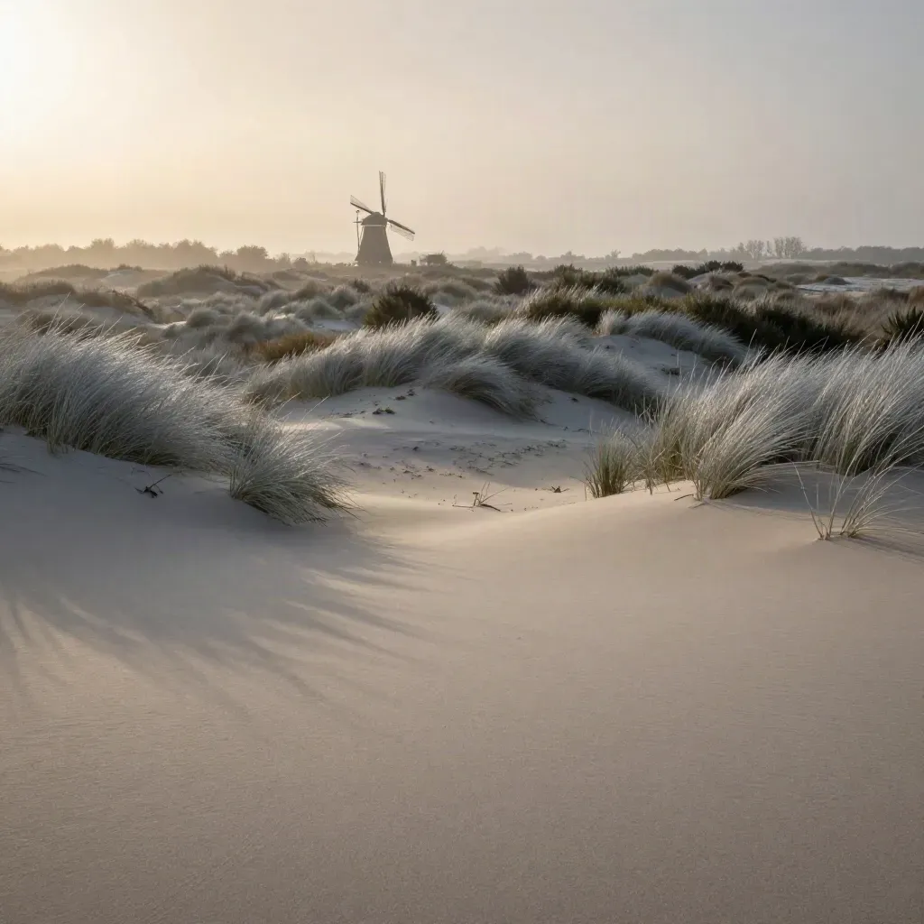 Mistige duinen en polderlijn in Noord-Holland met verre molen in zacht ochtendlicht