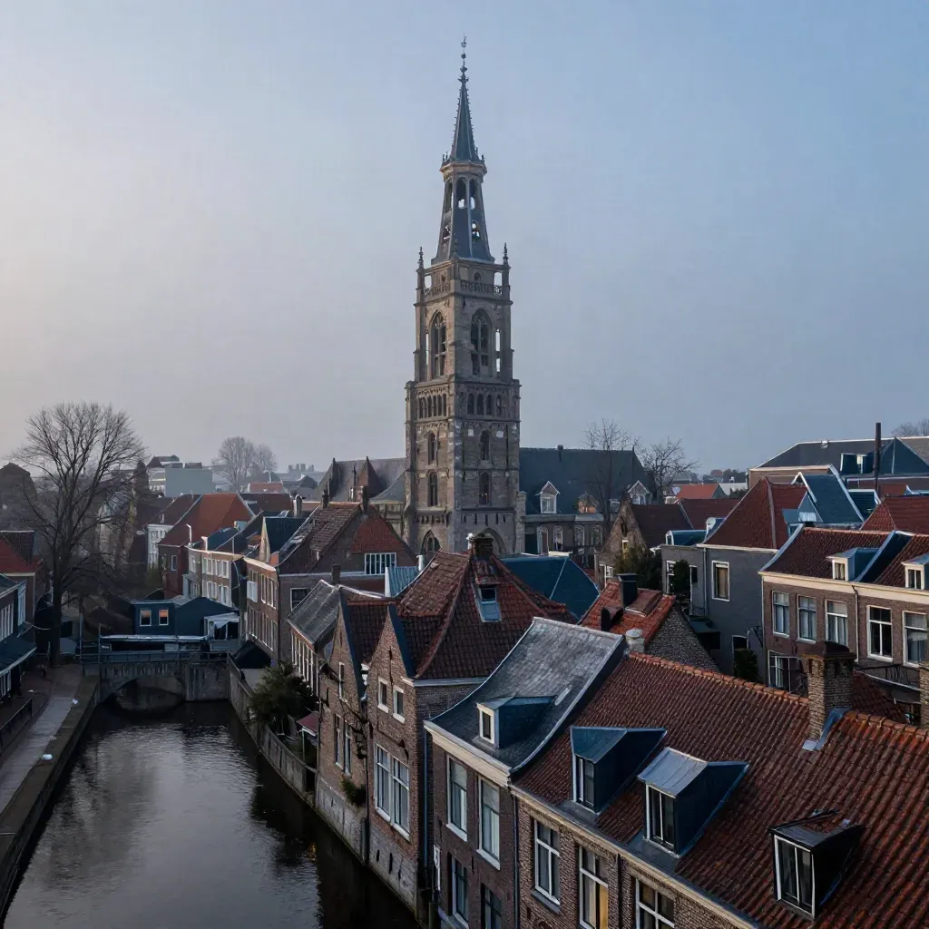 Domtoren boven Utrechtse daken en kanaalwater in blauwe avondmist.
