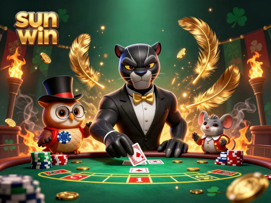 Experience winning at poker with sun win in a vibrant 3D cartoon casino scene.