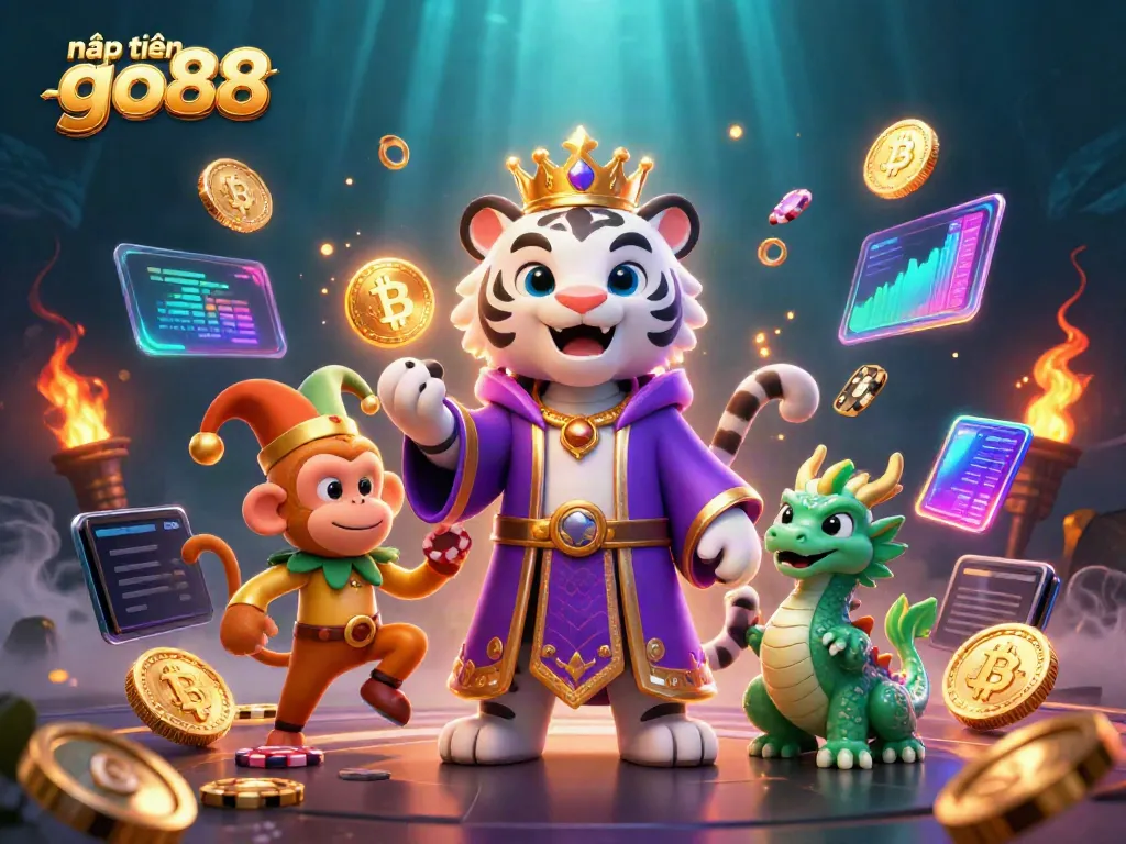 Engage in nạp tiền go88 with an enchanting scene featuring a tiger, monkey, and dragon amidst a vibrant casino atmosphere.