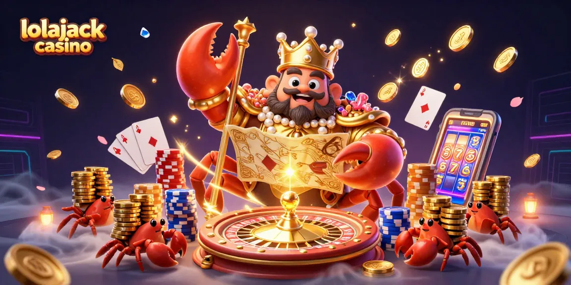 Experience the thrill at lolajack casino with golden crab emperor amid cascading coins and gems.