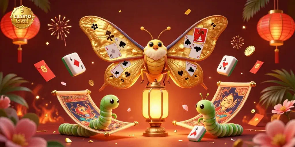 Experience the excitement at casino ideal with vibrant 3D representation of golden moth and casino elements.
