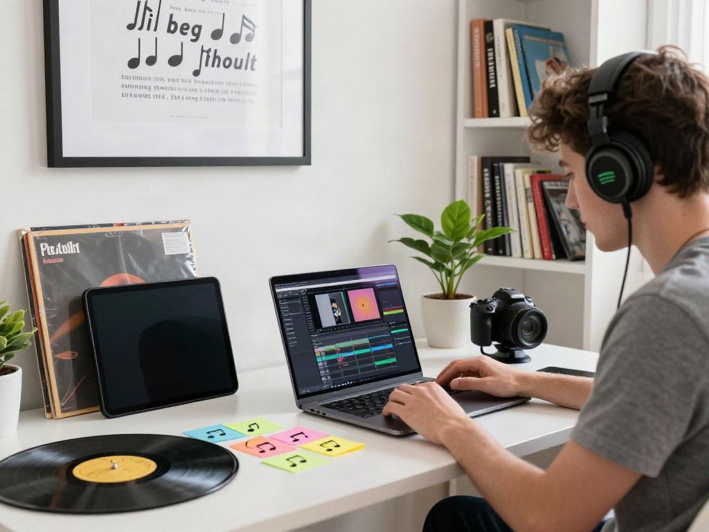 SpotiGeek workspace featuring a young adult editing playlists on Spotify with music notes and records.