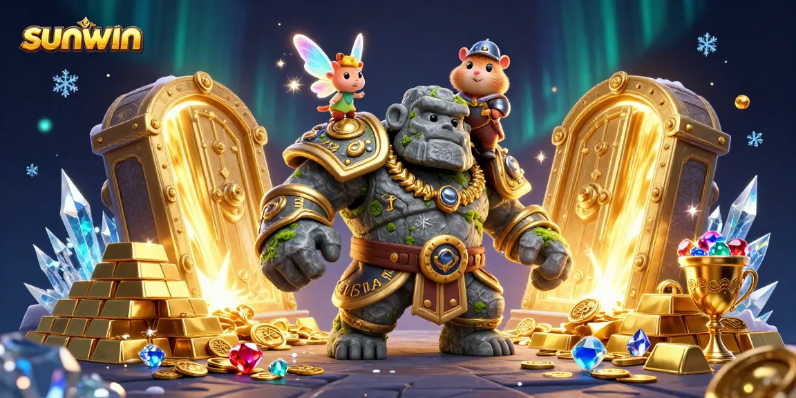 Spin and win at sunwin with mystical characters guarding treasures in a vibrant casino world.