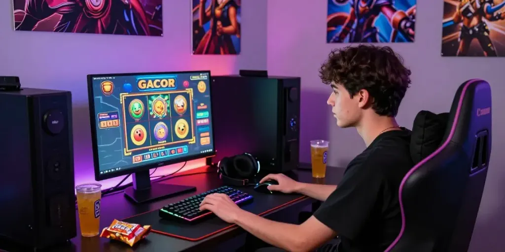Permainan slot gacor online yang menarik dengan gamer muda di belakang komputer, atmosfer penuh semangat.