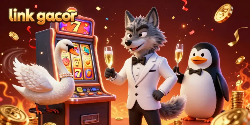 Spin the reels with "link gacor" featuring lively 3D characters at a vibrant slot machine.