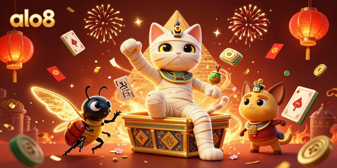 Experience the excitement of alo8 with a 3D Egyptian mummy cat casino scene, bursting with dynamic elements.