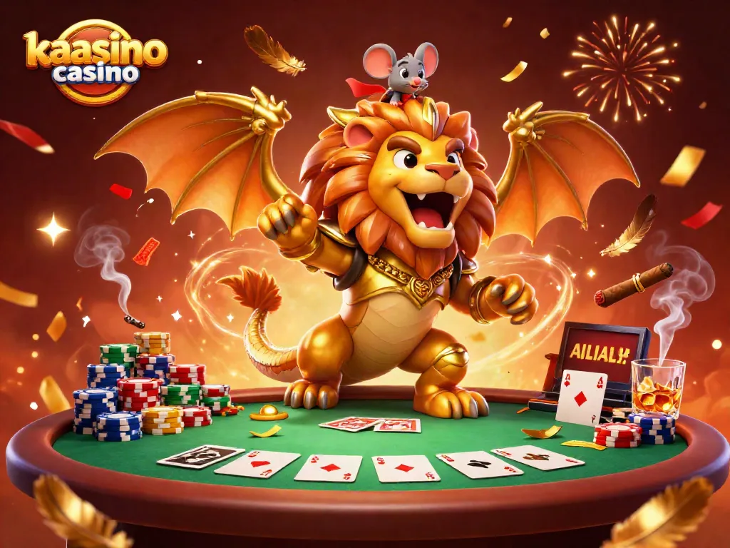 Experience the excitement of kaasino casino with a vibrant 3D illustration featuring a chimera and poker elements.