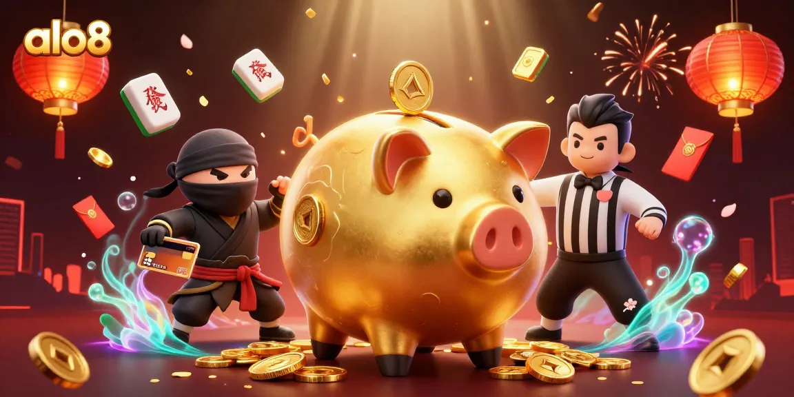Witness the excitement with alo8 as a golden piggy bank sumo wrestler stomps and showers coins, alongside a wallet-ninja.