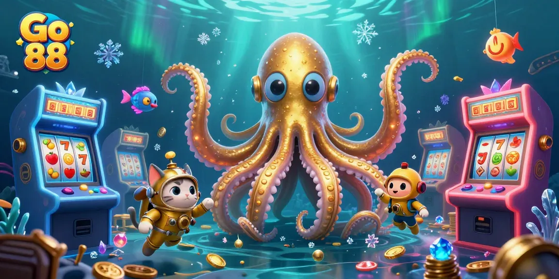 Engage with Go 88's thrilling underwater casino adventure featuring a kraken and diving cat amidst vibrant slot machines.