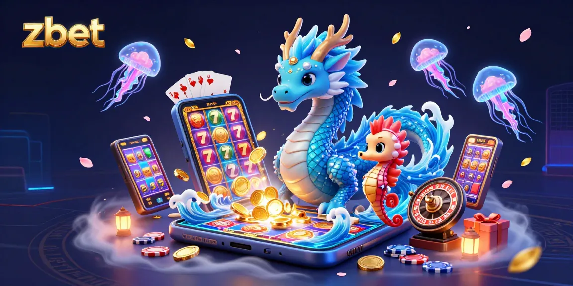 Experience zbet's thrilling gaming world with a majestic azure dragon and vibrant 3D casino elements