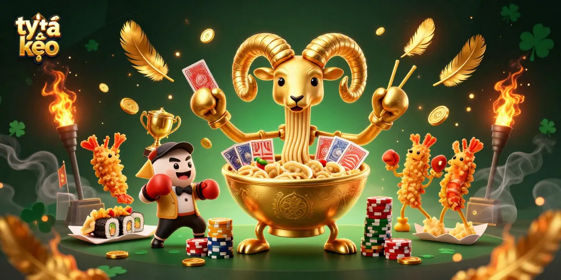 Engage with tỷ lệ kèo as a giant ramen bowl deals cards and stacks chips in a vibrant casino scene.