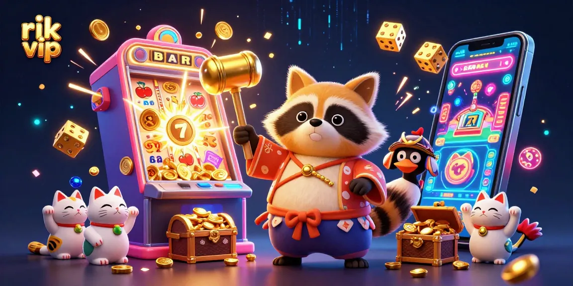 Experience excitement with rik vip at a vibrant casino scene featuring lucky symbols and characters.