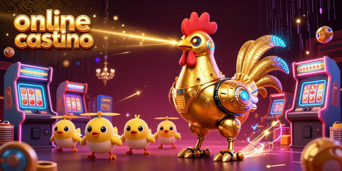 Experience the thrill of online casino Australia with a vibrant retro-futuristic golden rooster robot and lively baby chick drones.