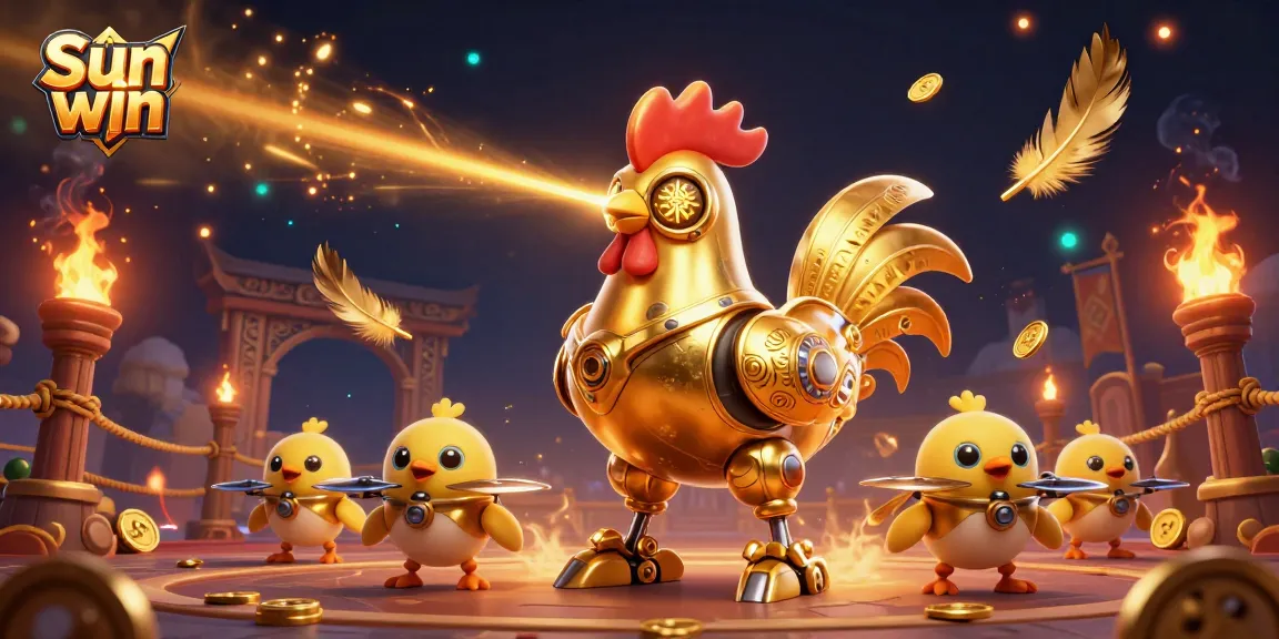 Engage in thrilling games at Sun win with golden rooster robot, vibrant atmosphere, and exciting action!