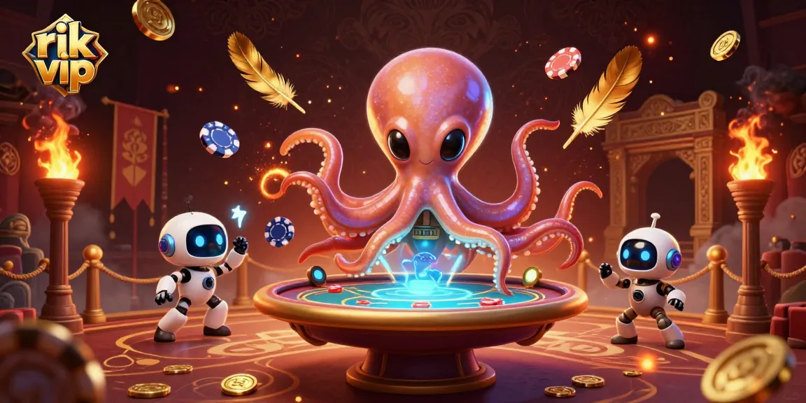 Engage in thrilling poker action with rik vip at a vibrant, cosmic casino scene featuring an alien octopus.