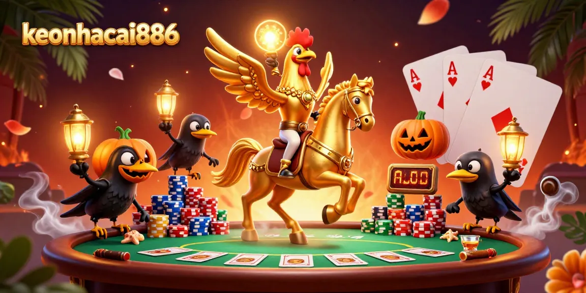 Experience the thrill of keonhacai886 as a golden rooster rides into the casino.