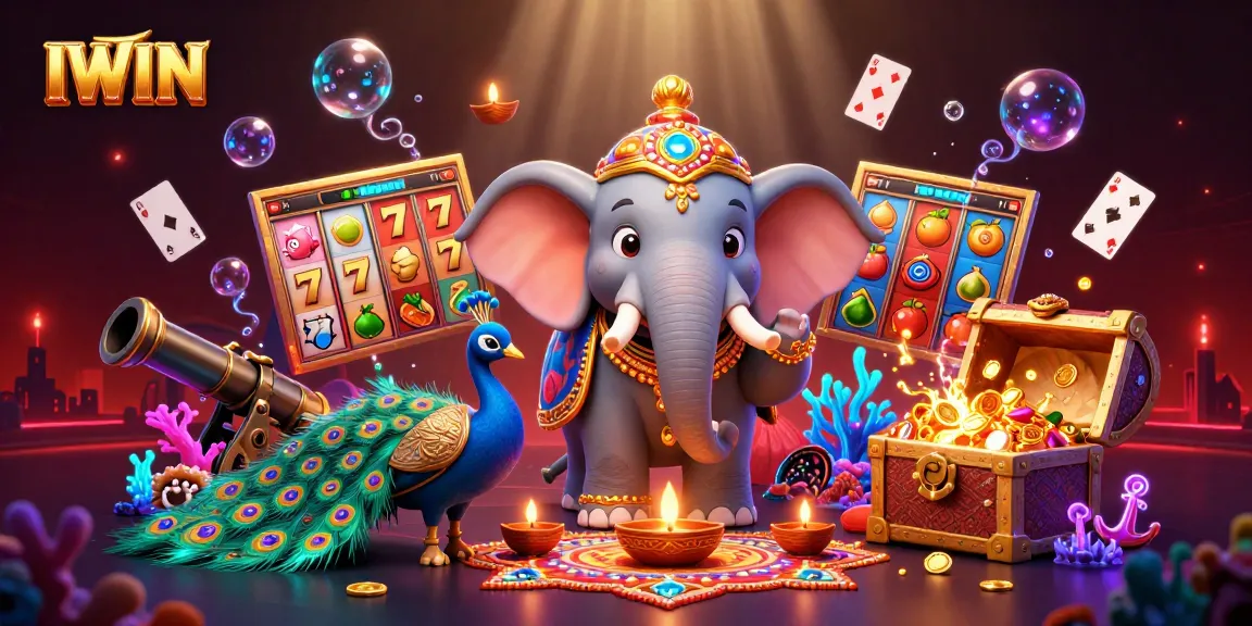 IWIN showcases a vibrant 3D scene with colorful characters and casino elements like slot reels and gold coins.