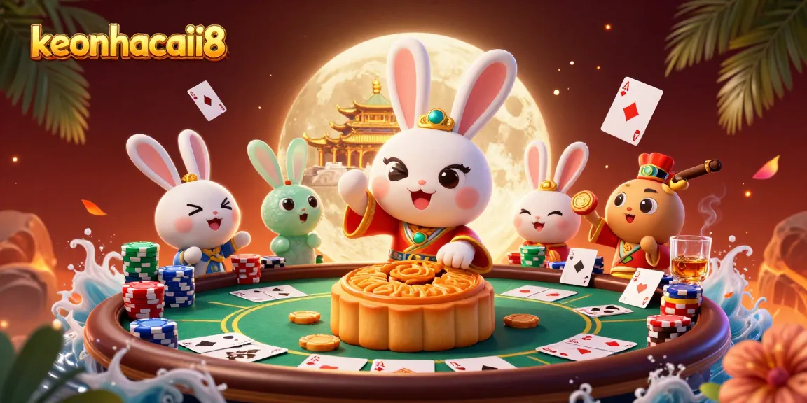Engage with the keonhacaii8 experience as the moon rabbit reveals poker chips in a playful, vibrant casino scene.