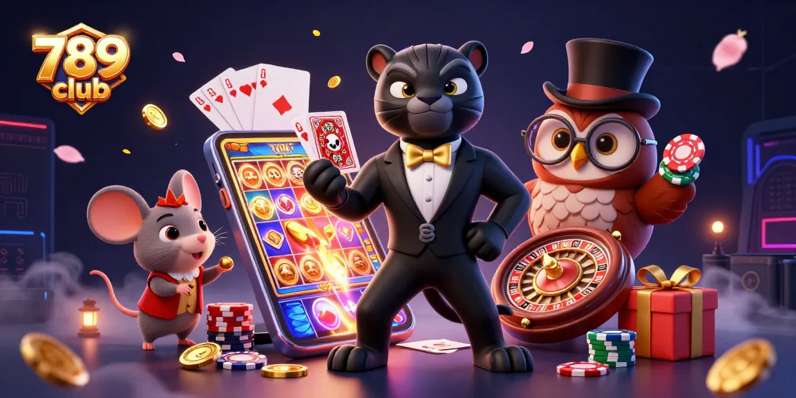 Play with 789 club as a stylish black panther deals cards amidst vibrant casino elements.