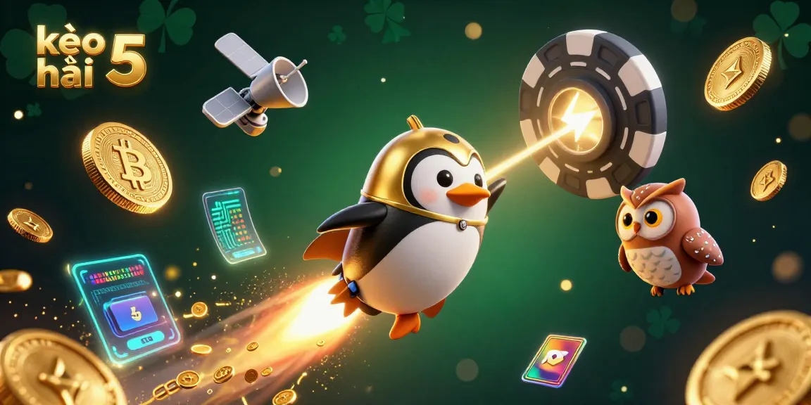 Bet on kèo nhà cái 5 with a golden penguin and cryptos in a vibrant casino-themed galaxy.