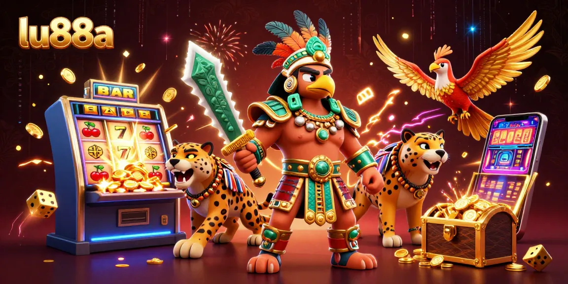 Spin and win with lu88a's vibrant 3D casino scene featuring animated warriors and slot machines.