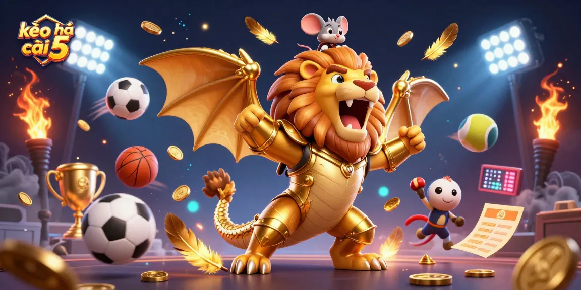 Bet on kèo nhà cái 5 to win with triumphant chimera and sports elements in dynamic 3D illustration.
