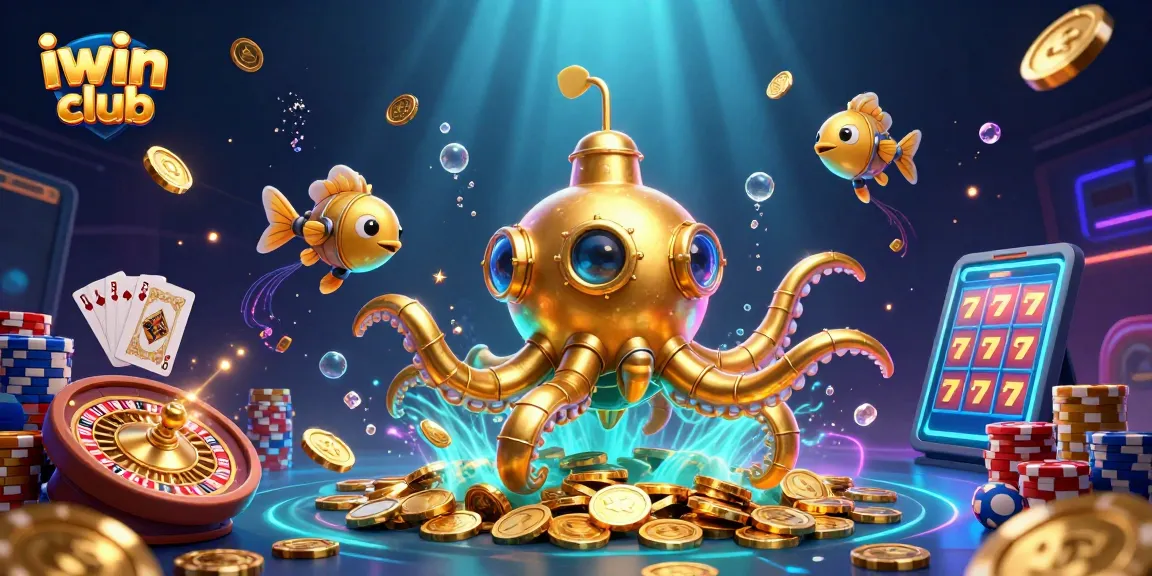 Engage with iwin club’s immersive gaming experience featuring a golden kraken submarine and dazzling casino elements.